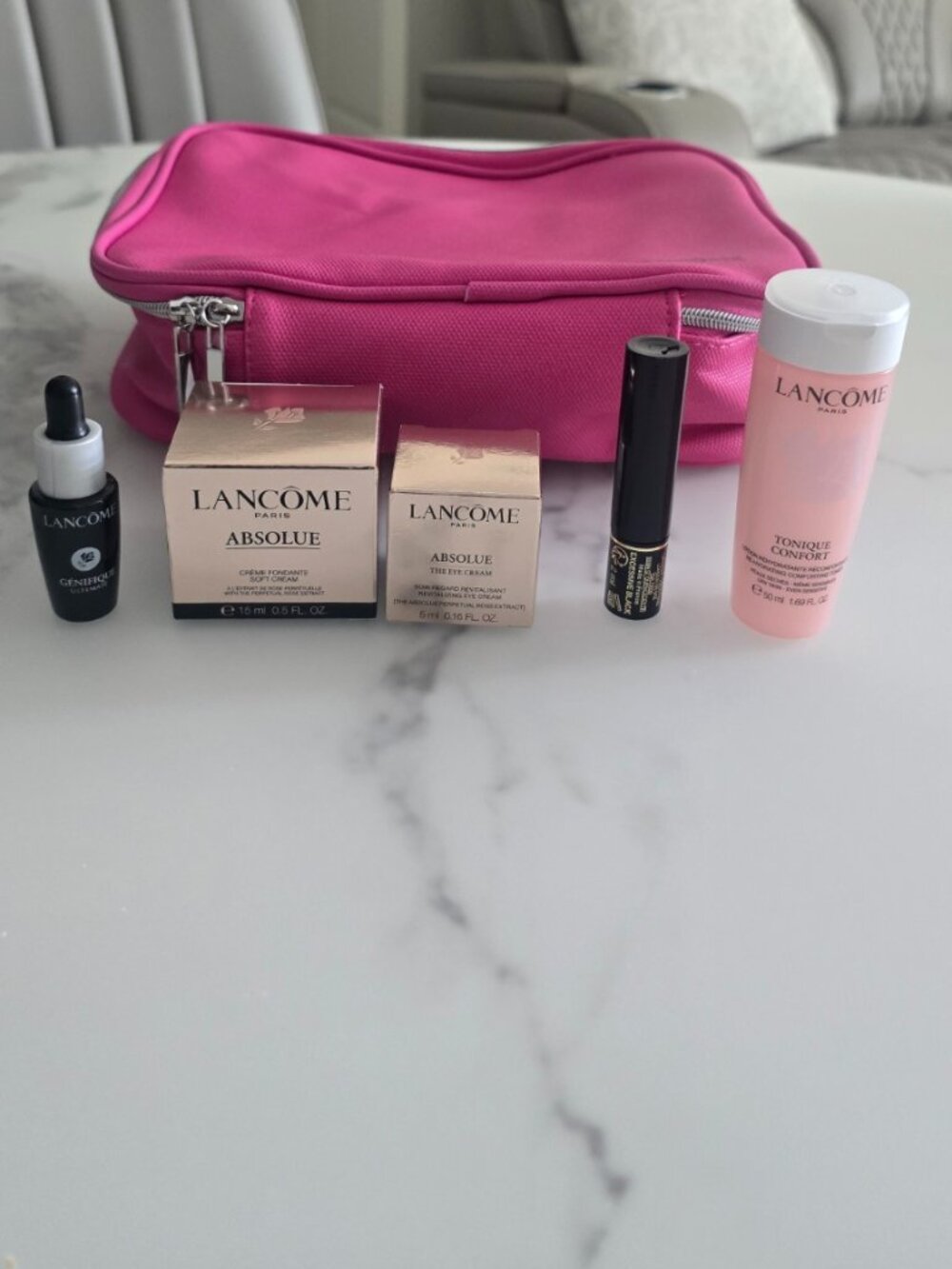 Lancome 5 Piece Skincare & Makeup Travel Set with Pink Cosmetic Bag